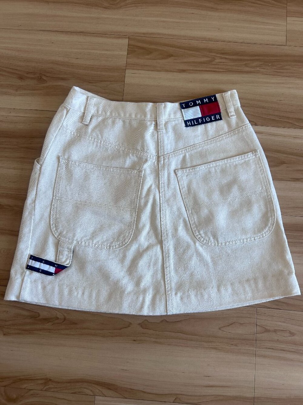 Tommy Hilfiger Vintage 90s Y2K Flag Logo Patch White Denim Mini Skirt